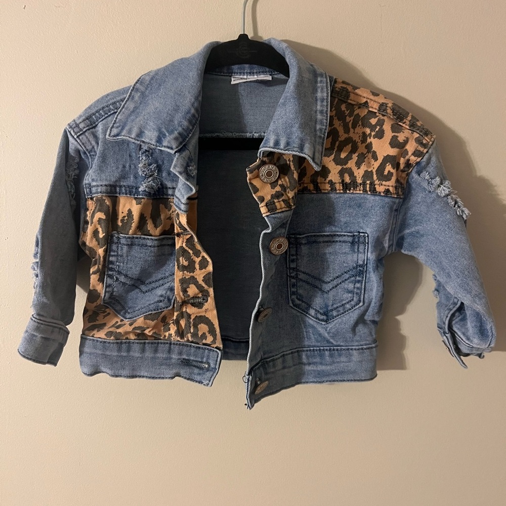 Kids Denim Jacket with Leopard Print Accents